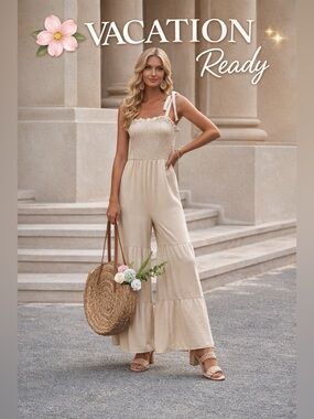 Liam & Co Beige Smocked Wide Leg Jumpsuit Tie Strap Boho Resort Wedding Guest L